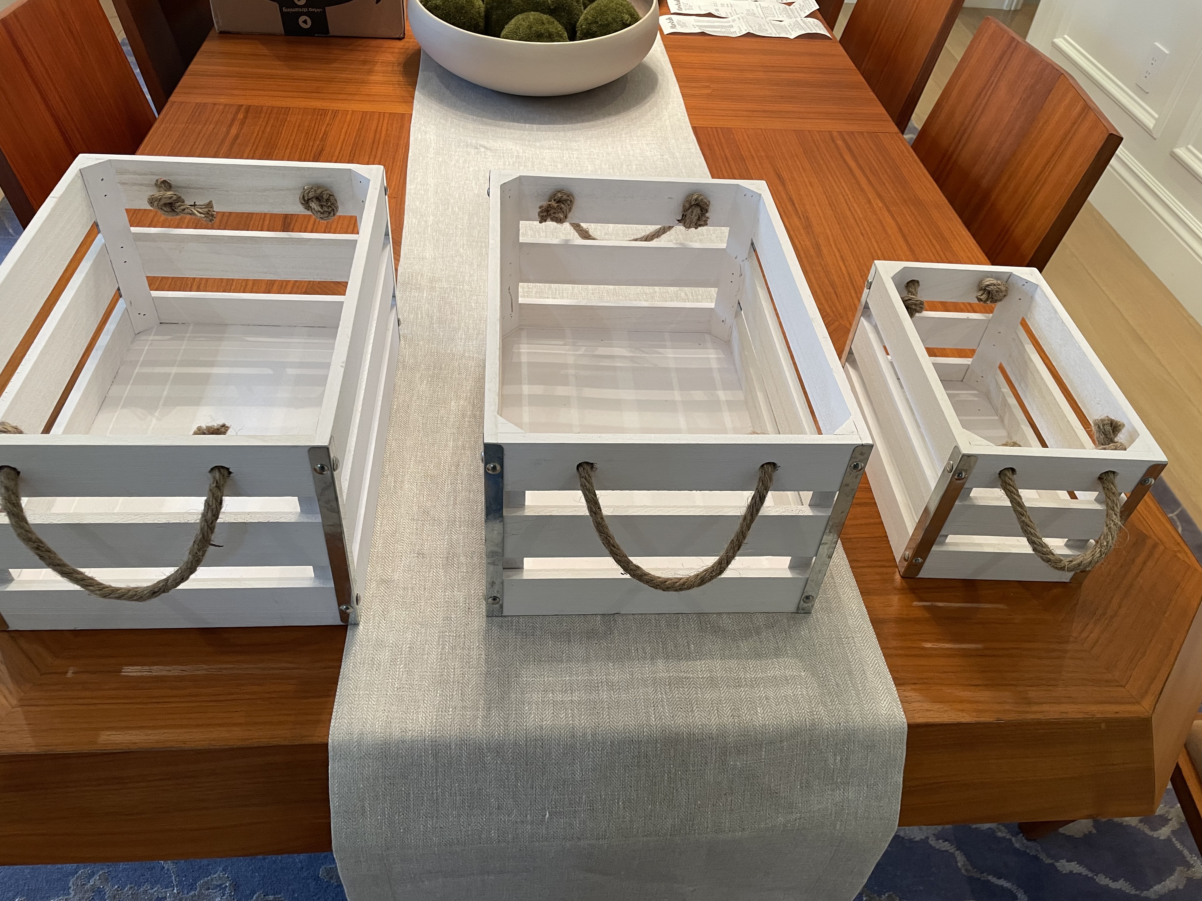 3, White, farm inspired home storage baskets